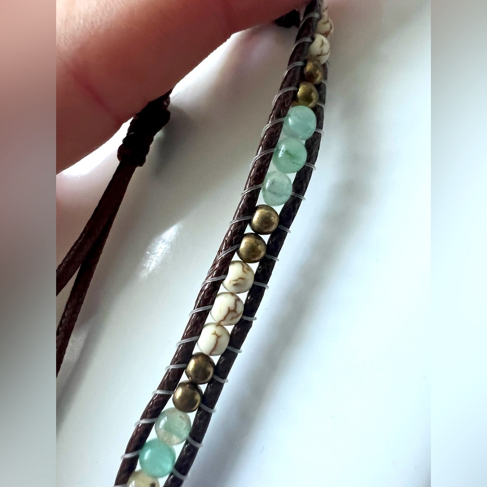 Mint Green w other neutral colors Beaded Wrap Bracelet with brown leather
